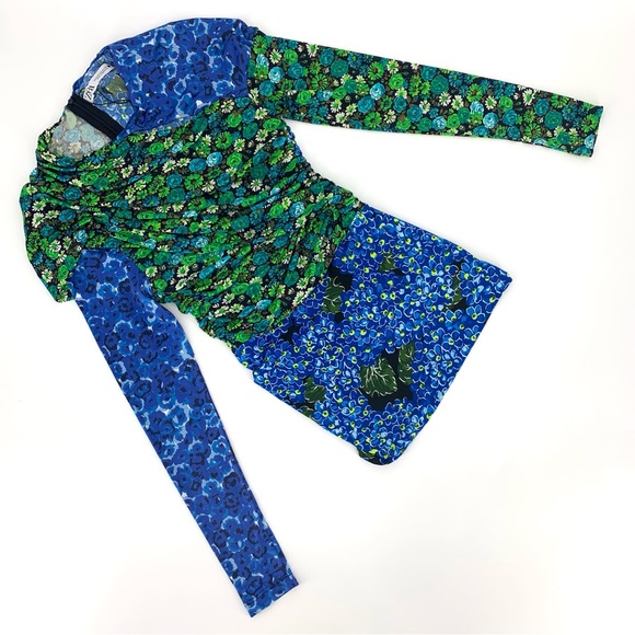 Zara NWOT Draped Blue and Green Printed Colour-blocked Long Sleeve Top, XS - Picture 13 of 16